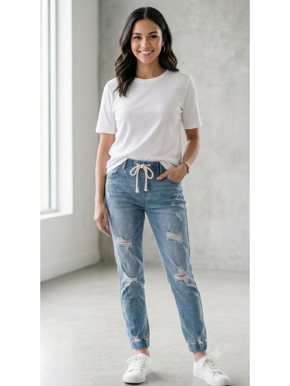 Ashley Mason Juniors Distressed Drawstring Denim Jogger Jeans